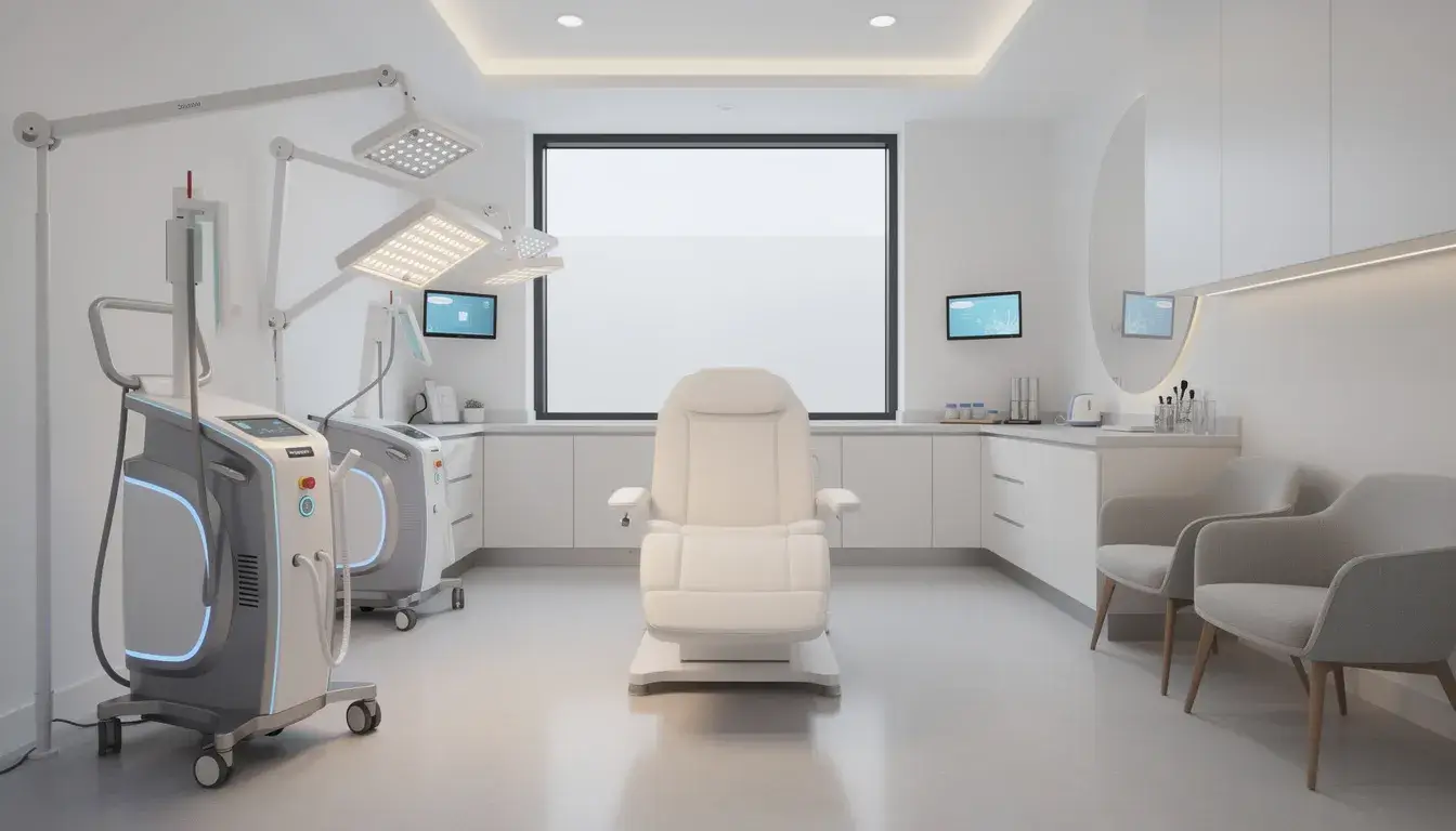 The image depicts a modern medical treatment room equipped with advanced light-based therapy equipment, specifically designed for photodynamic therapy (PDT) to treat conditions like skin cancer and precancerous lesions. Comfortable patient seating is present, emphasizing a welcoming environment for individuals undergoing this outpatient procedure to target and kill cancer cells effectively.
